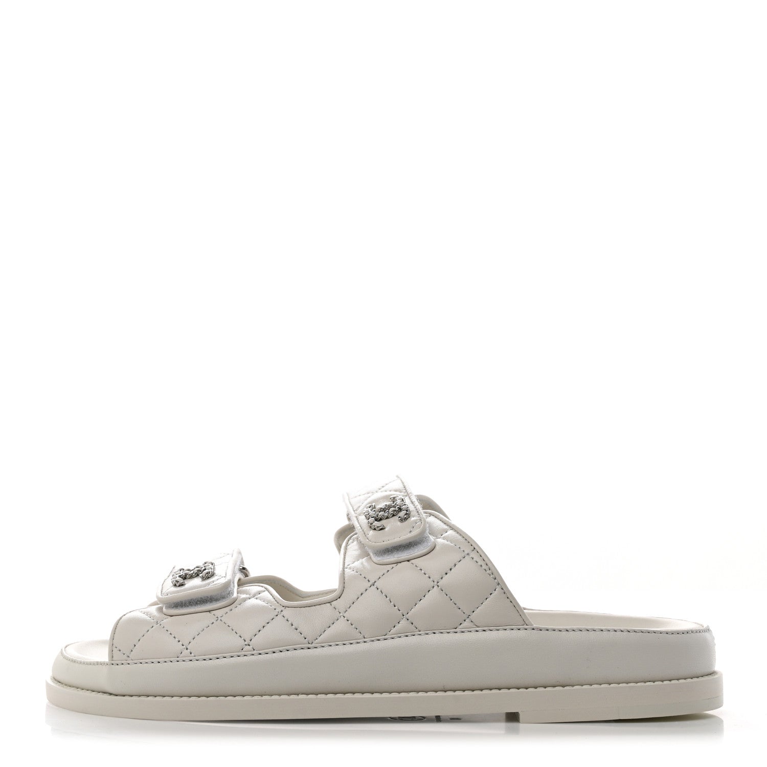 Chanel Laminated Lambskin Quilted Velcro Dad Chain CC Slide Sandals 40 White 1 of 8