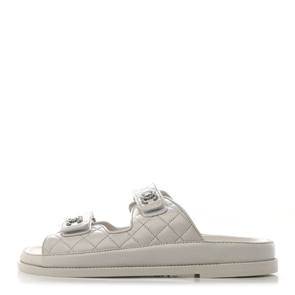 Chanel Laminated Lambskin Quilted Velcro Dad Chain CC Slide Sandals 40 White 1 of 8