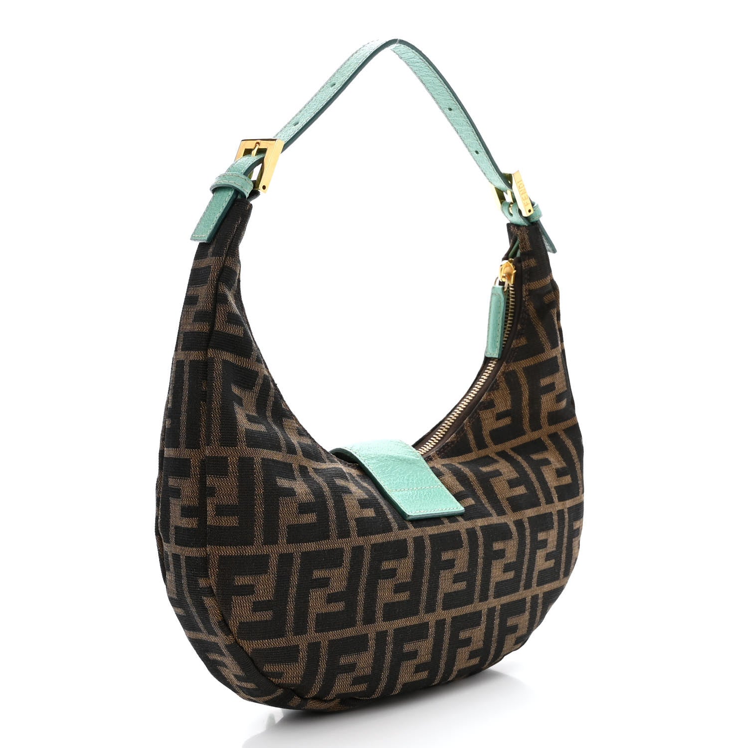 Fendi Zucca Crystal Flower Half Moon Baguette Tobacco Turquoise 3 of 12