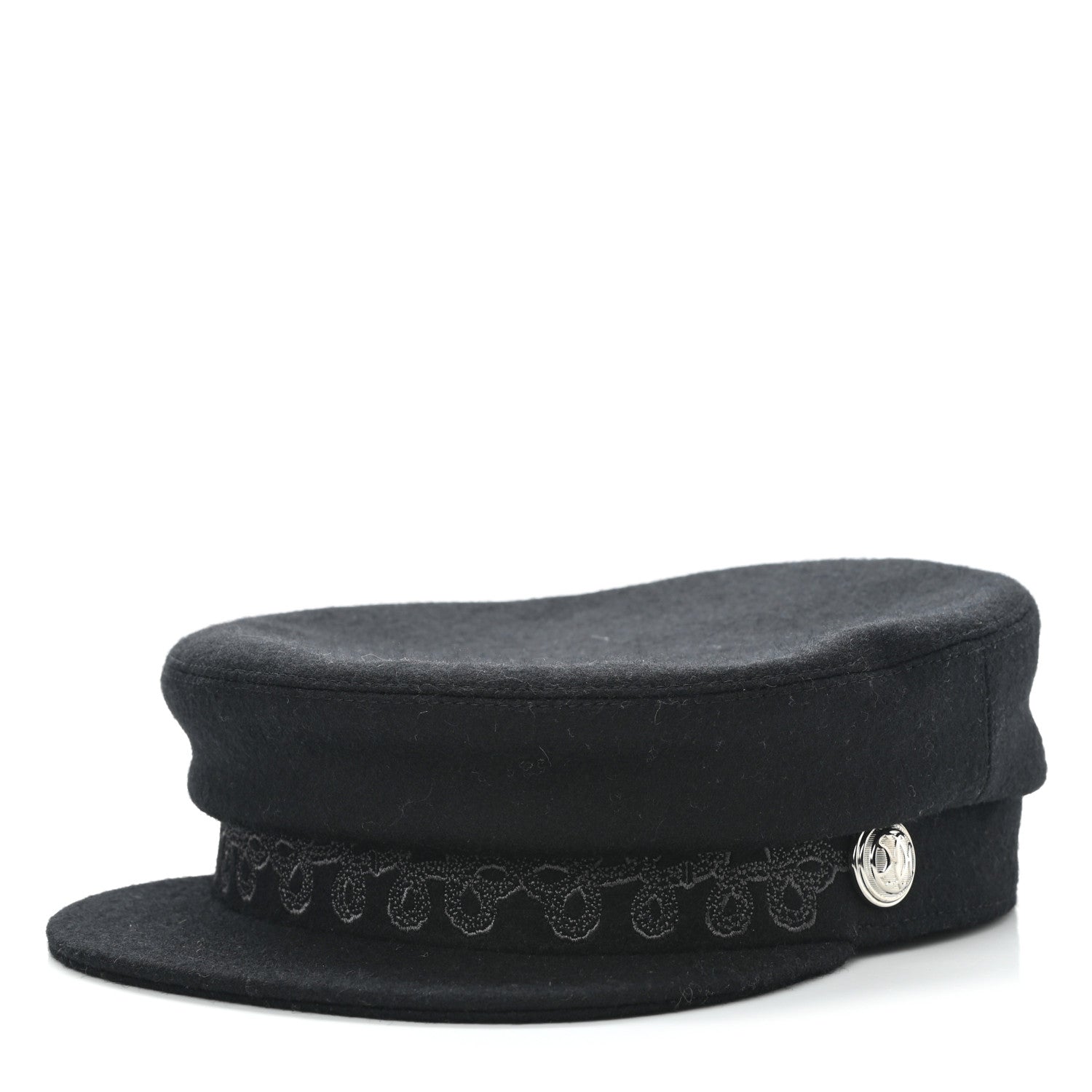 Hermes Wool Flannel Embroidered Womens Cabourg En Finesse Cap 57 Black 1 of 8