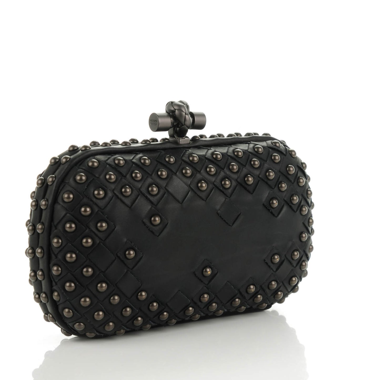 Waxy Nappa Intrecciato Knot Studded Clutch Nero