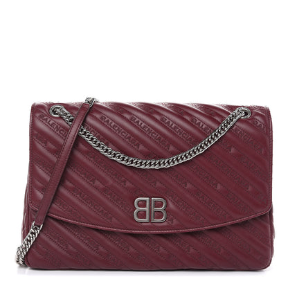 Balenciaga Calfskin Logo Matelasse Large BB Flap Chain Shoulder Bag Burgundy 1 of 12