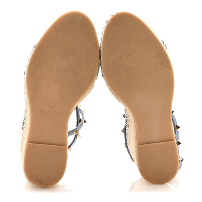 Valentino Garavani Grained Calfskin Rockstud Ankle Strap Espadrille 15/105mm Wedge Sandals 36 Baltique Natural 6 of 9