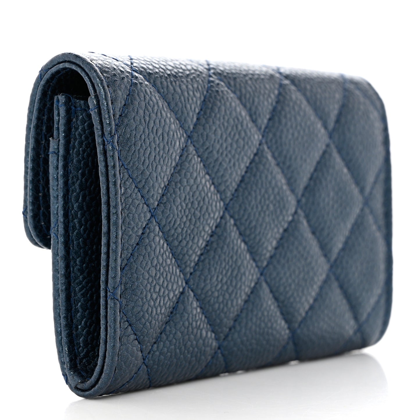Metallic Caviar Quilted Flap Card Holder Wallet Dark Blue
