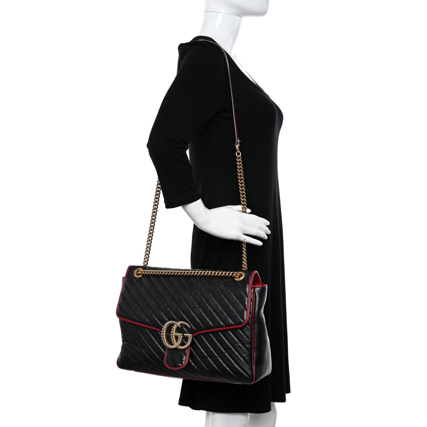 Vintage Effect Calfskin Matelasse Diagonal Large Torchon GG Marmont Shoulder Bag Black Romantic Cherry