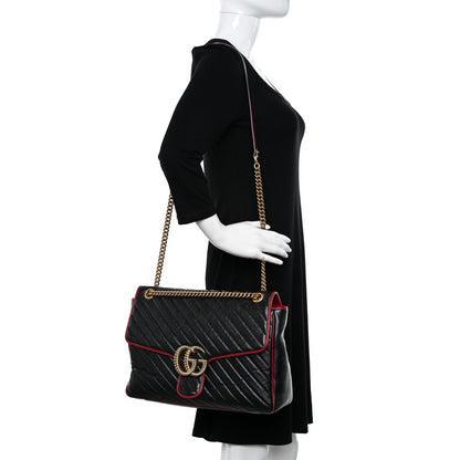 Gucci Vintage Effect Calfskin Matelasse Diagonal Large Torchon GG Marmont Shoulder Bag Black Romantic Cherry 2 of 10
