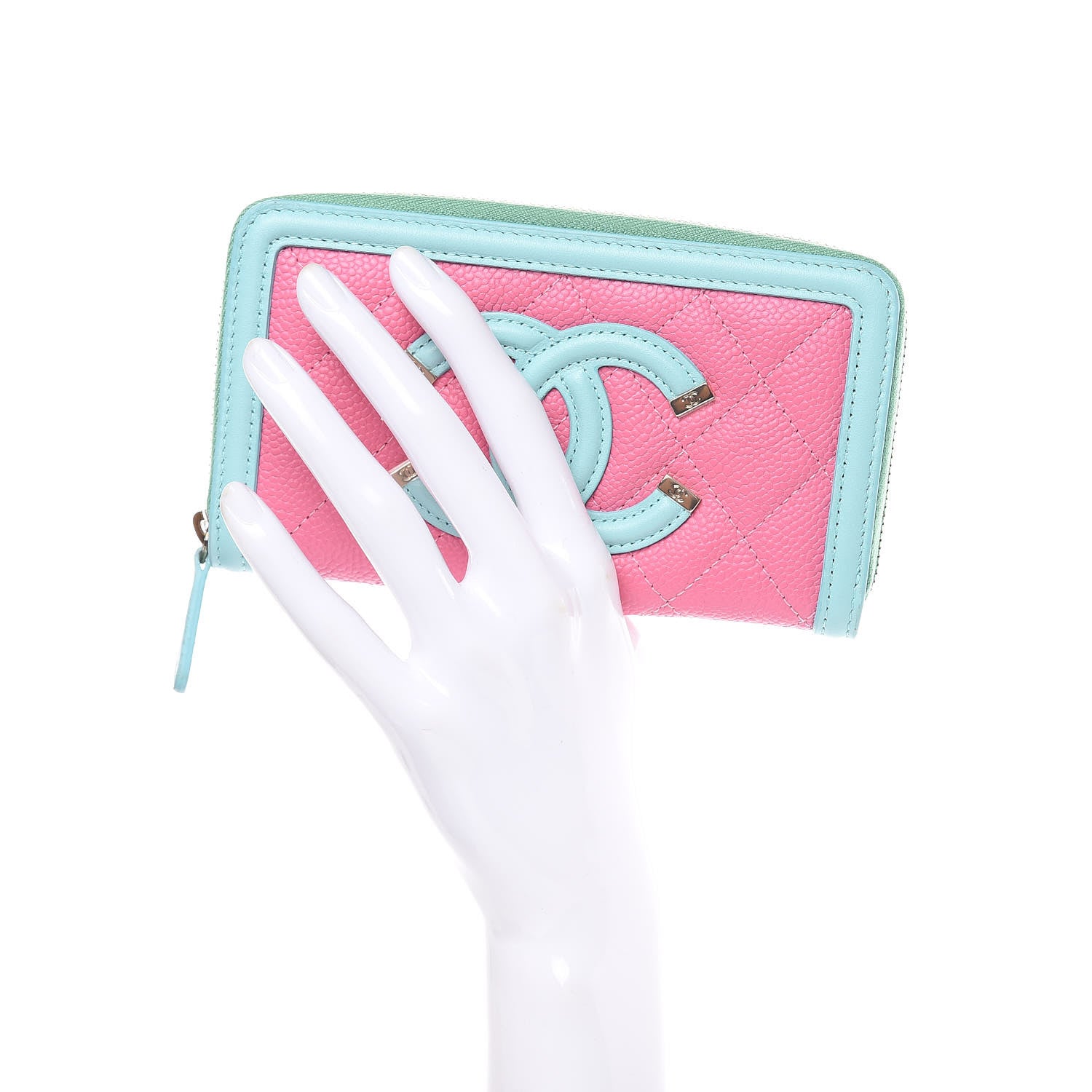 Chanel Caviar Quilted Medium Filigree Zip Around Wallet Pink Blue Green 2 of 11