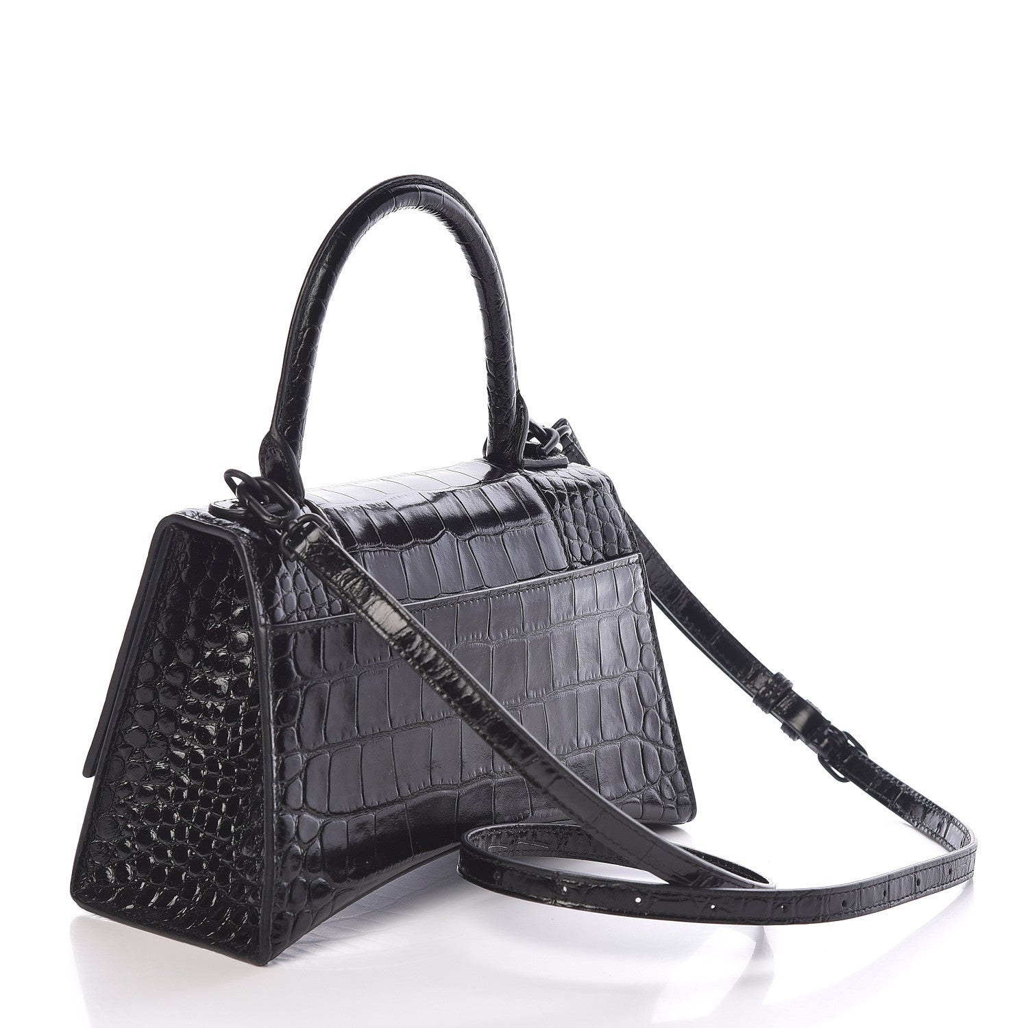Balenciaga Shiny Calfskin Monochrome Crocodile Embossed Small Hourglass Top Handle Bag Black 3 of 9