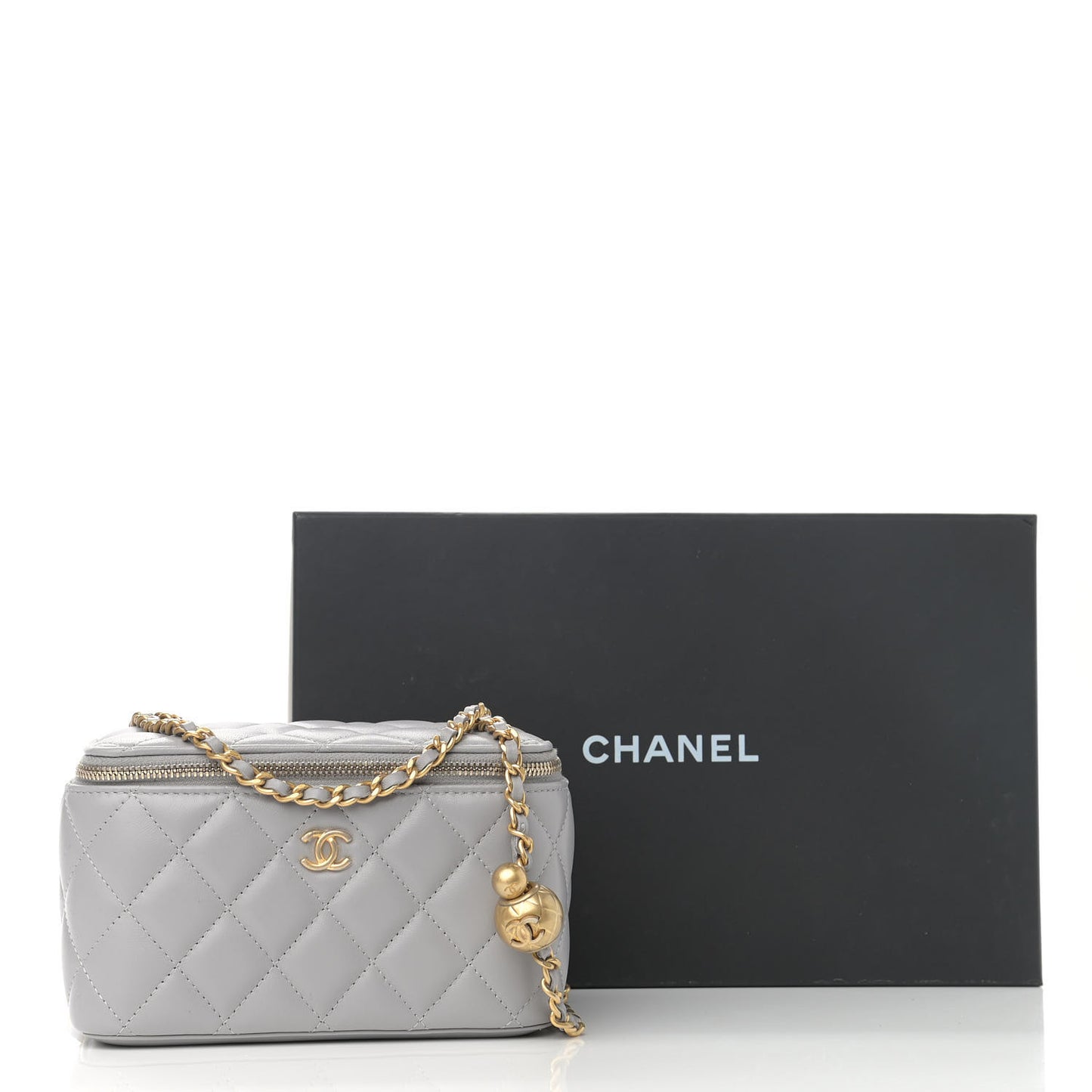 Lambskin Quilted Small Pearl Crush Vanity Case With Chain Grey