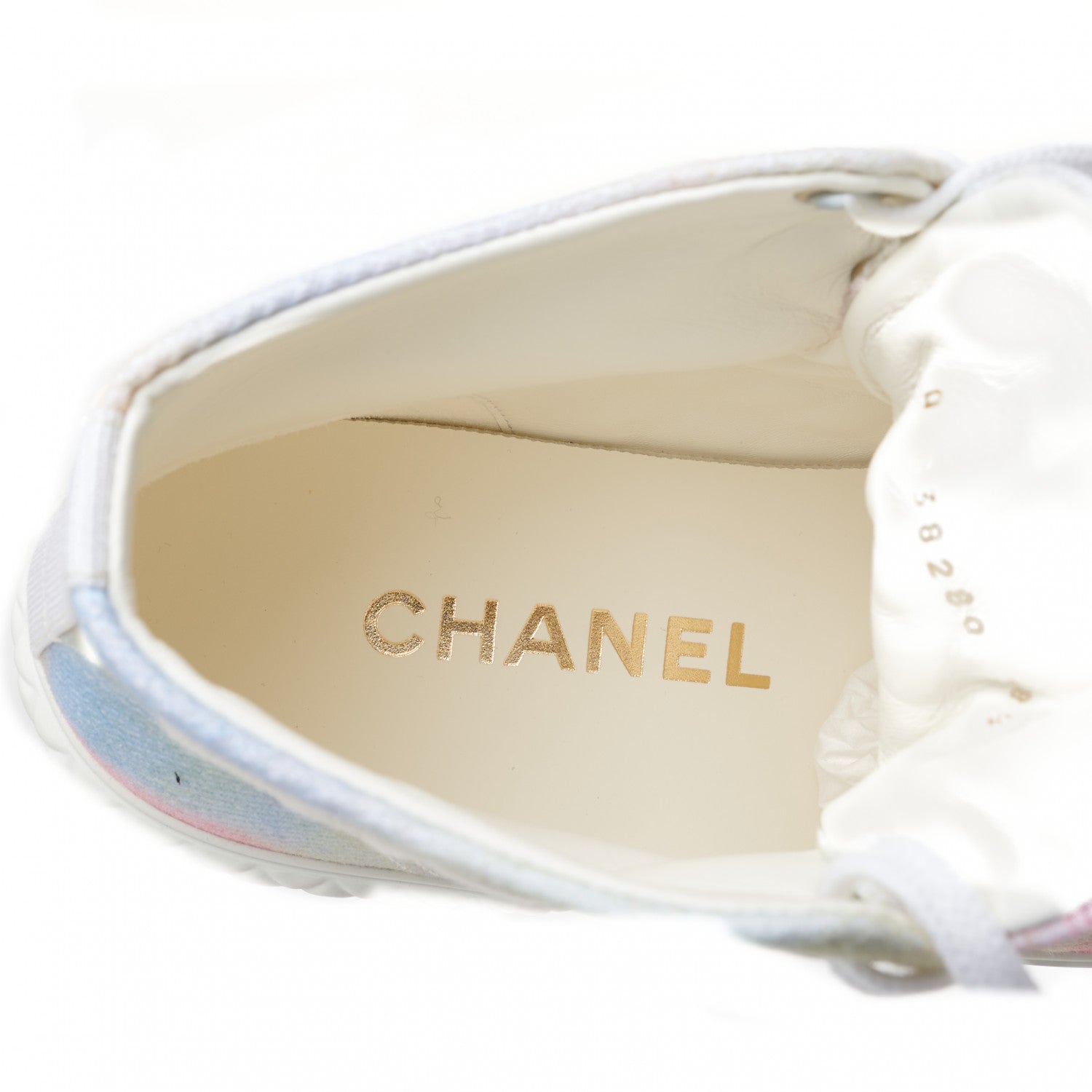 Chanel Printed Fabric High Top CC Sneakers 38.5 Green Pink Blue White 8 of 9