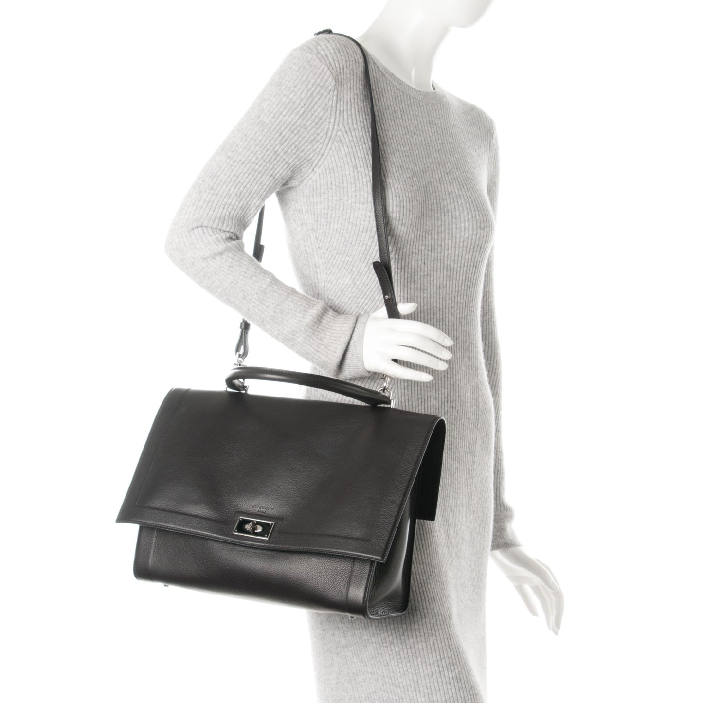 Grained Calfskin Medium Shark Lock Satchel Black