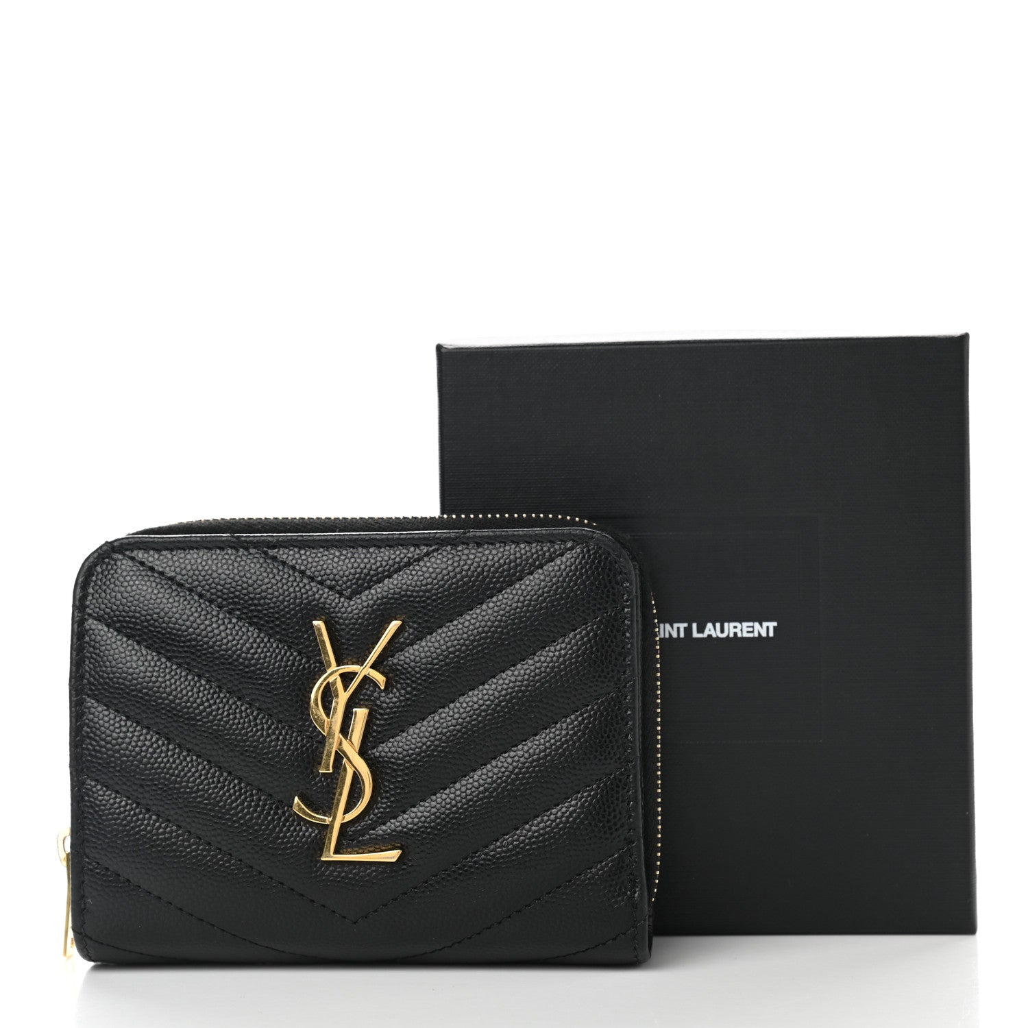 Saint Laurent Grain De Poudre Matelasse Chevron Monogram Compact Zip Around Wallet Black 8 of 8
