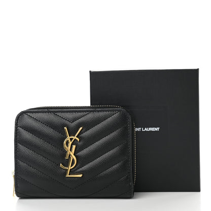 Saint Laurent Grain De Poudre Matelasse Chevron Monogram Compact Zip Around Wallet Black 8 of 8