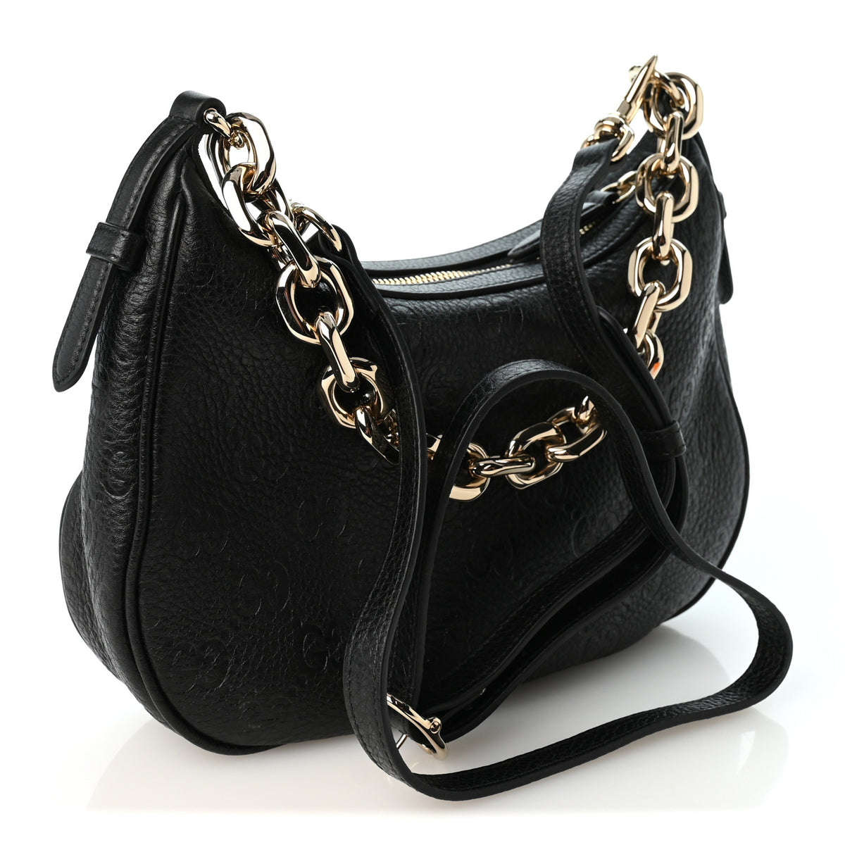 GG Grainy Calfskin Emblem Small Half Moon Shoulder Bag Black