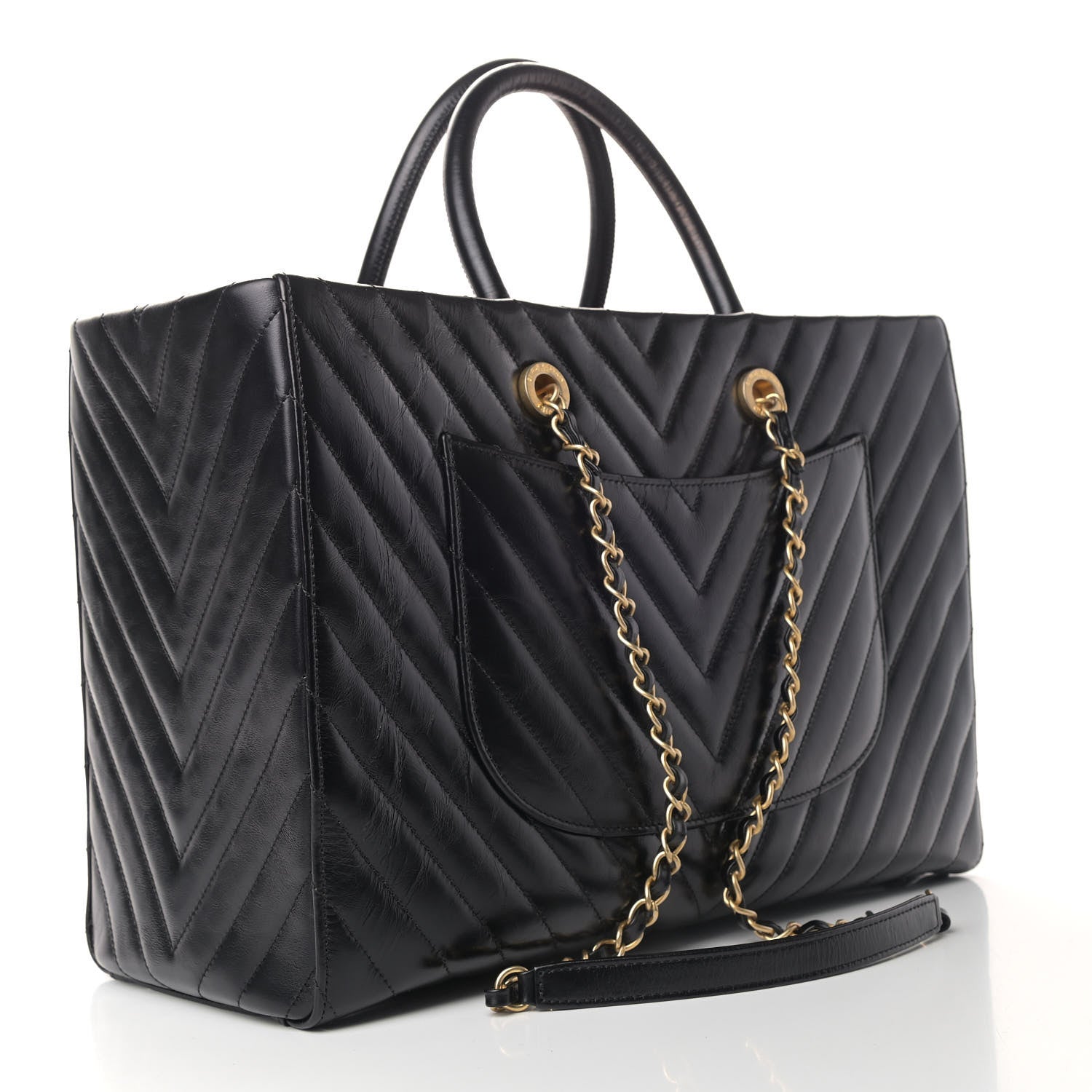 Chanel Aged Calfskin Chevron Large Coco Handle Shopping Tote Black 2 of 5