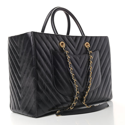 Chanel Aged Calfskin Chevron Large Coco Handle Shopping Tote Black 2 of 5