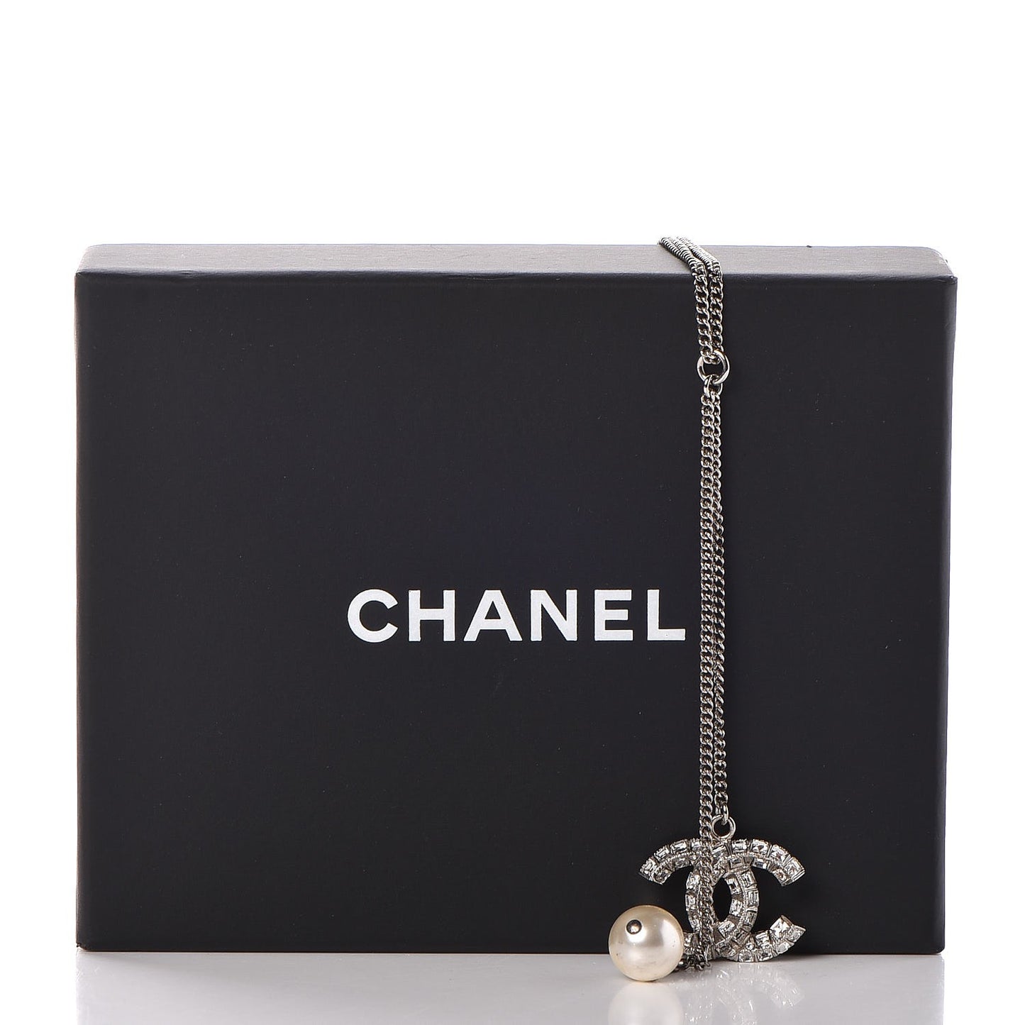 Baguette Crystal Pearl CC Lariat Necklace Silver