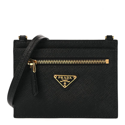 Prada Saffiano Triangle Logo Card Holder On Strap Black 1 of 9