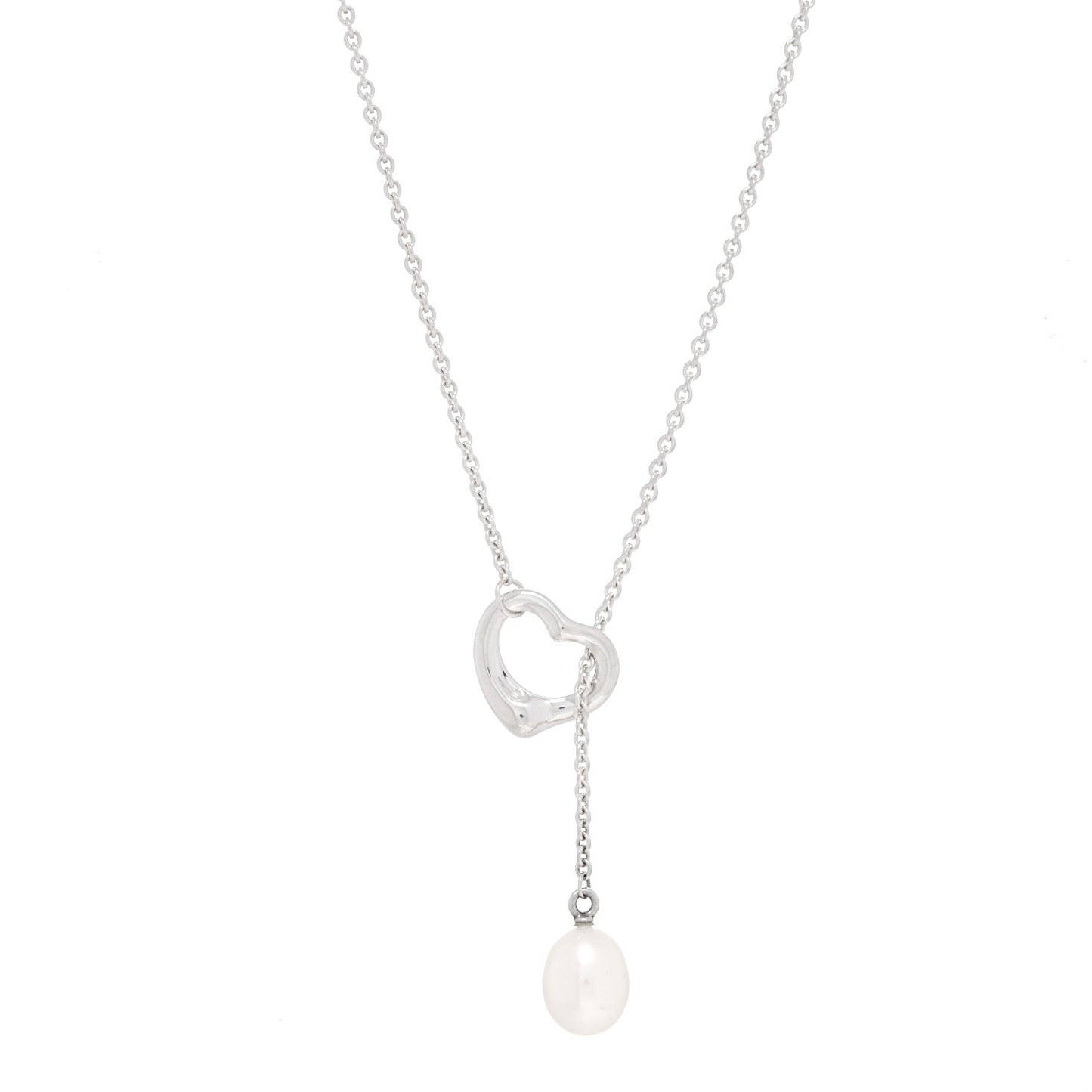 Sterling Silver Pearl 9-9.5mm Elsa Peretti Open Heart Lariat Necklace