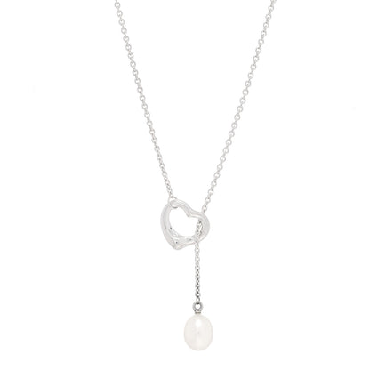 Tiffany Sterling Silver Pearl 9-9.5mm Elsa Peretti Open Heart Lariat Necklace 1 of 5