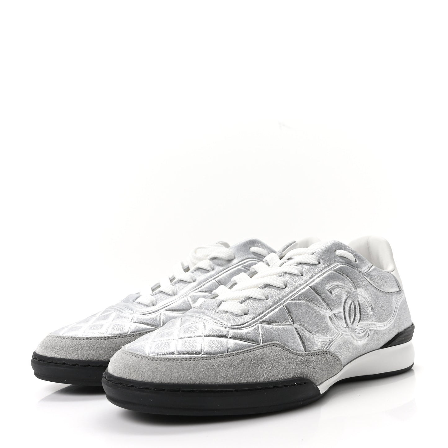 Laminated Lambskin Suede Quilted Womens CC Sneakers 37.5 Silver Gray