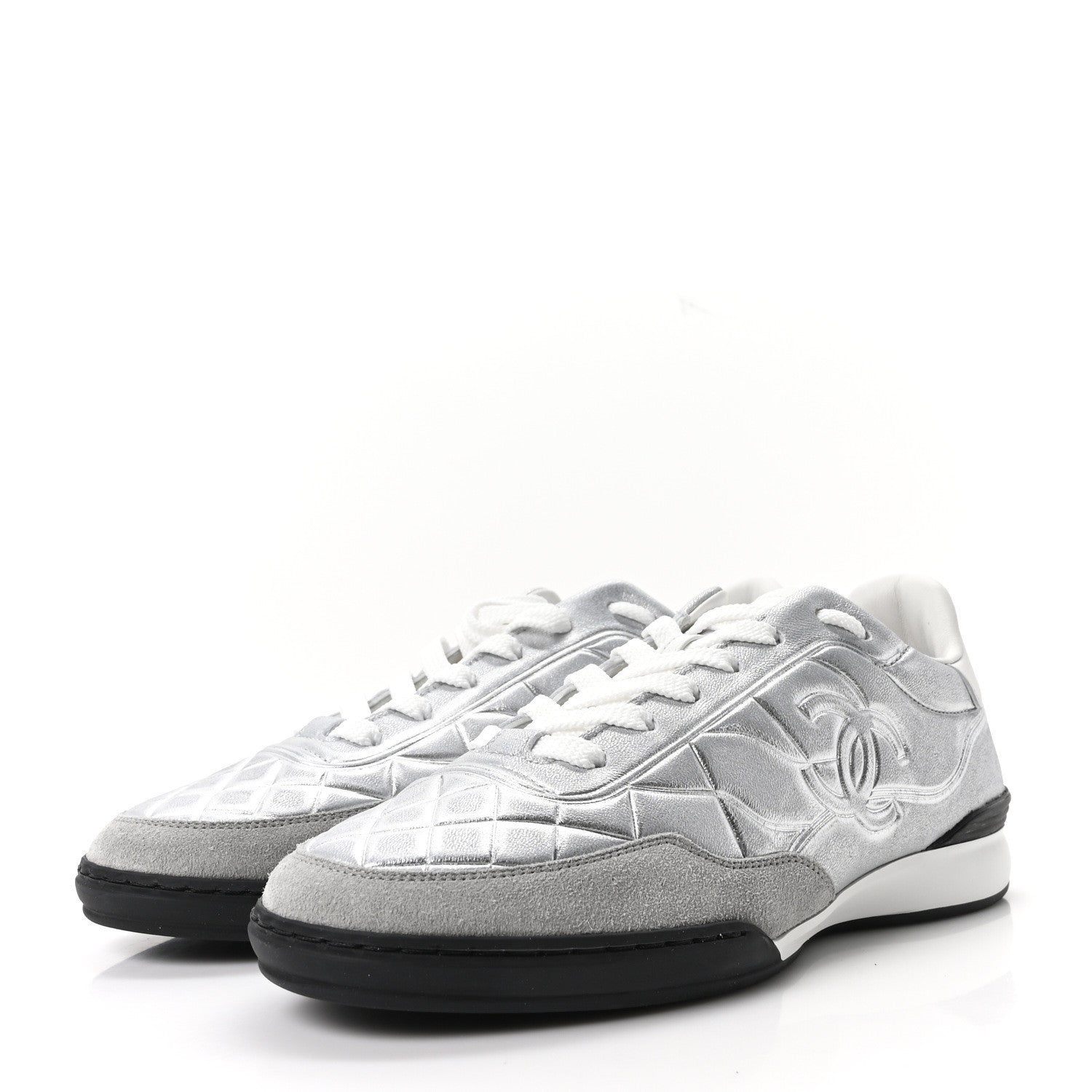 Chanel Laminated Lambskin Suede Quilted Womens CC Sneakers 37.5 Silver Gray 4 of 10