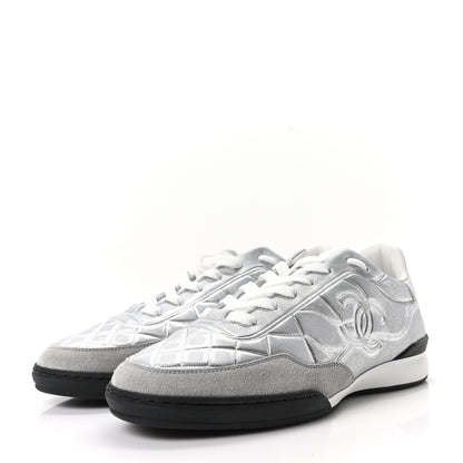 Chanel Laminated Lambskin Suede Quilted Womens CC Sneakers 37.5 Silver Gray 4 of 10