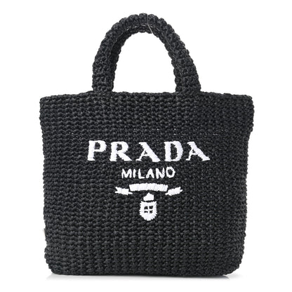Prada Yarn Raffia Effect Crochet Small Logo Tote Black 1 of 10