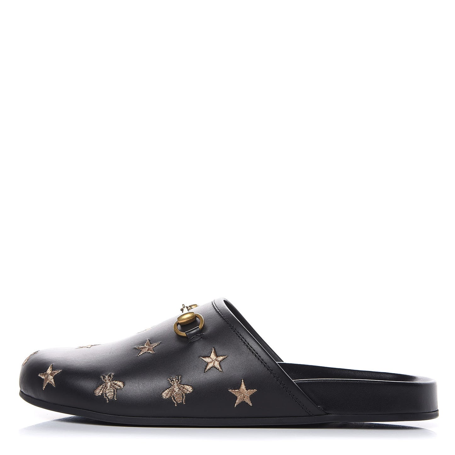 Calfskin Bee Star Embroidered Mens Horsebit River Slippers 10 Black