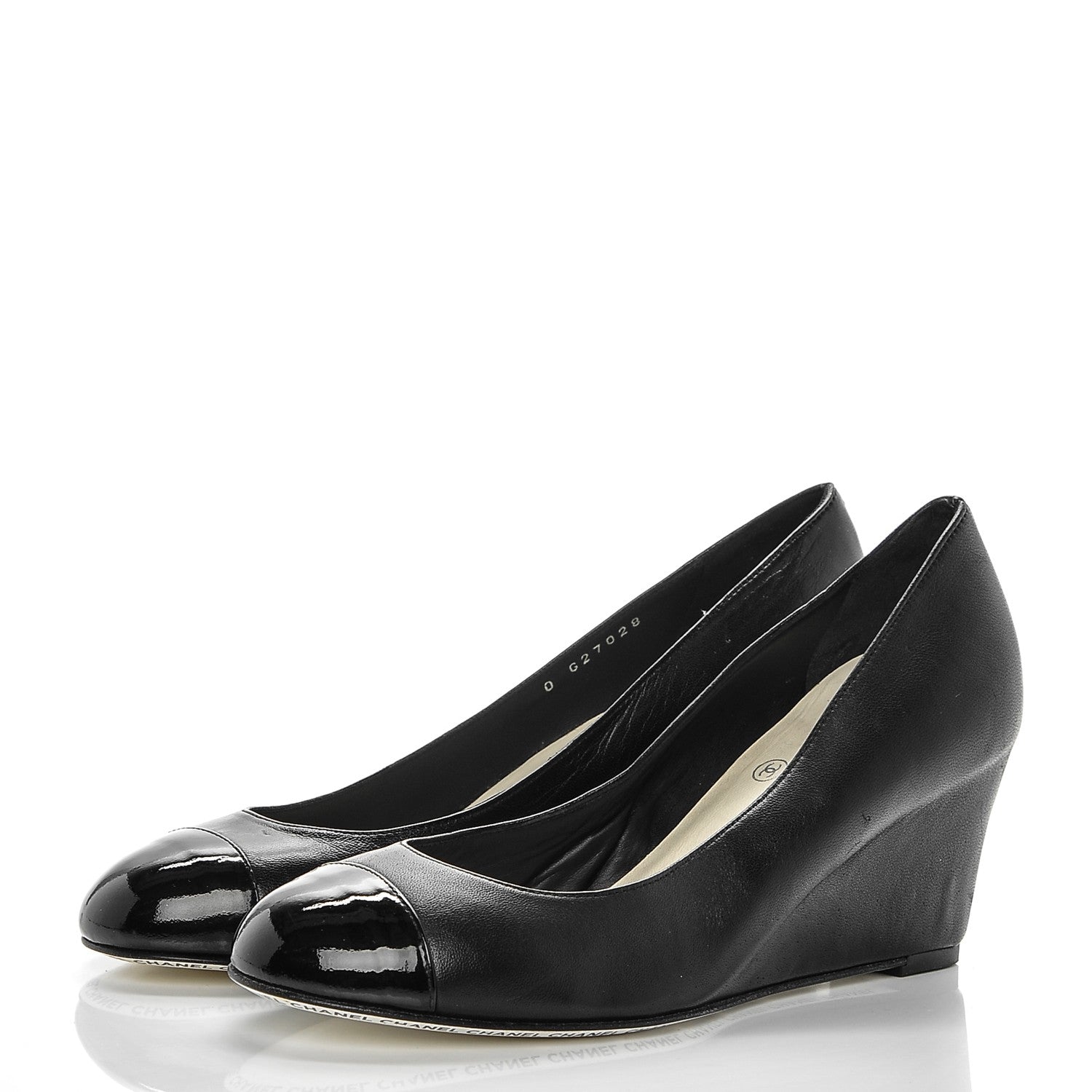 Chanel Lambskin Patent Cap Toe Wedges 36.5 Black 3 of 7