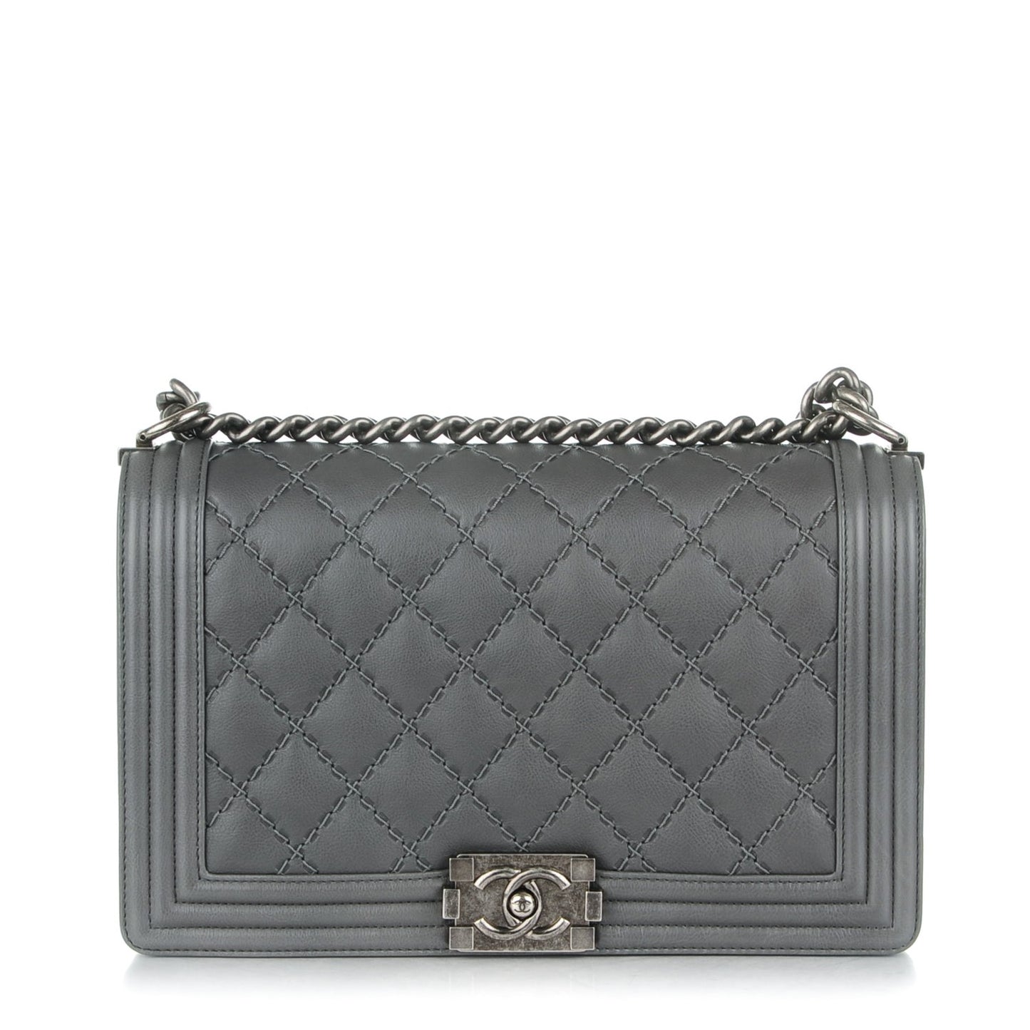Calfskin Double Stitch New Medium Boy Flap Grey