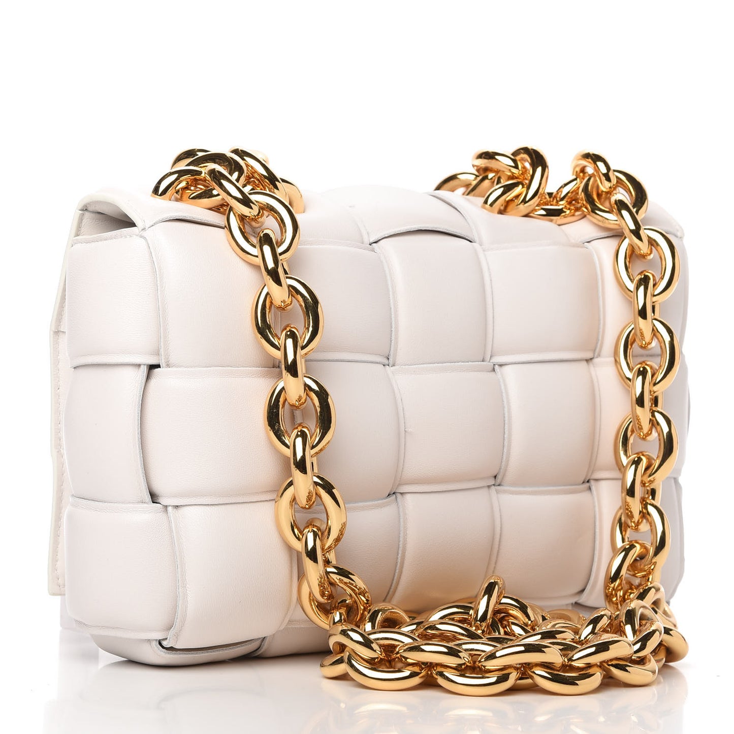 Lambskin Maxi Intreccio Padded Chain Cassette Crossbody Bag White