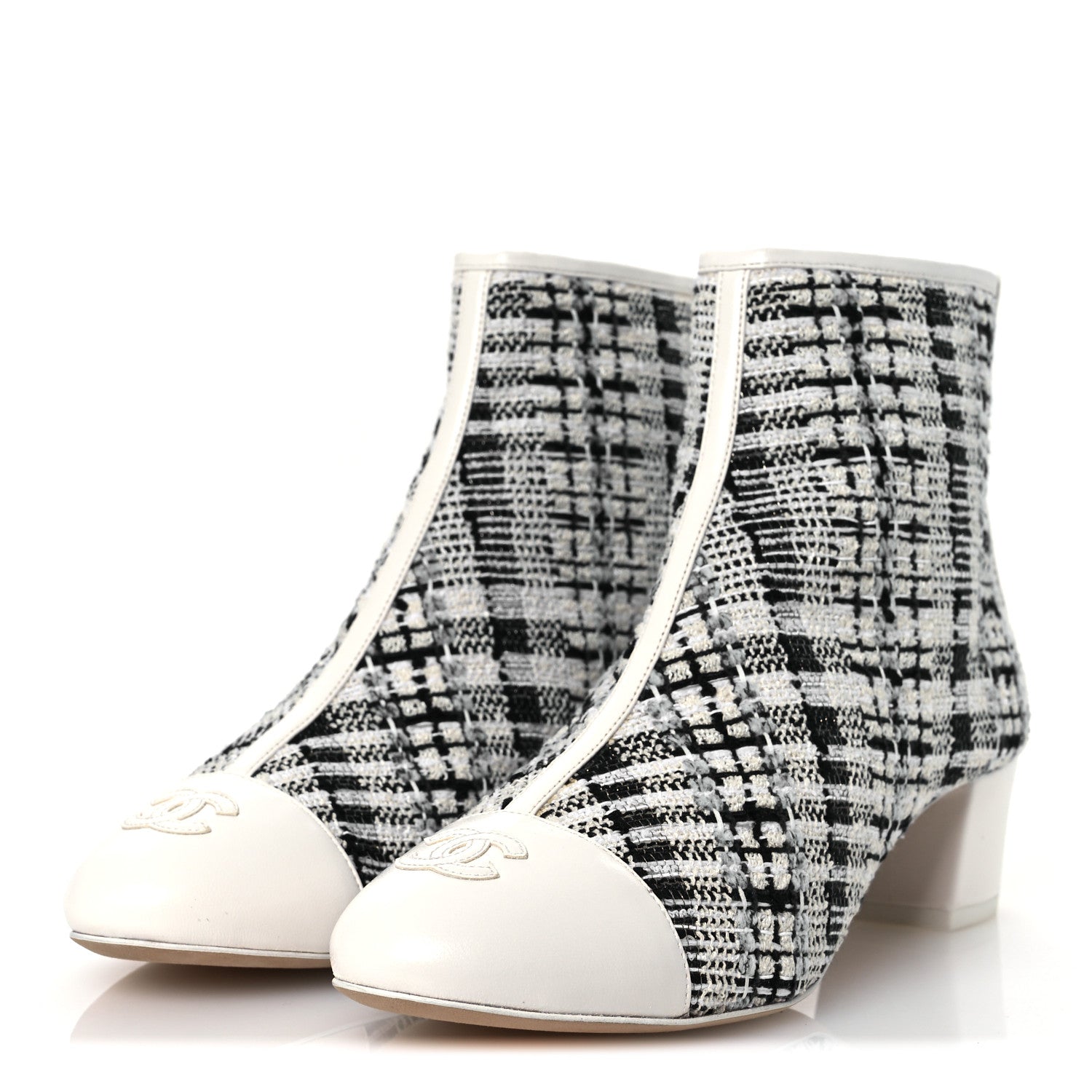 Chanel Tweed Lambskin Cap Toe CC Short Boots 38.5 White Black 4 of 12