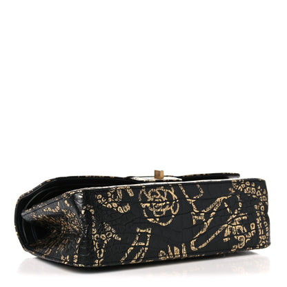 Chanel Calfskin Crocodile Embossed Graffiti 2.55 Cocodile Reissue 225 Flap Black Gold 4 of 13