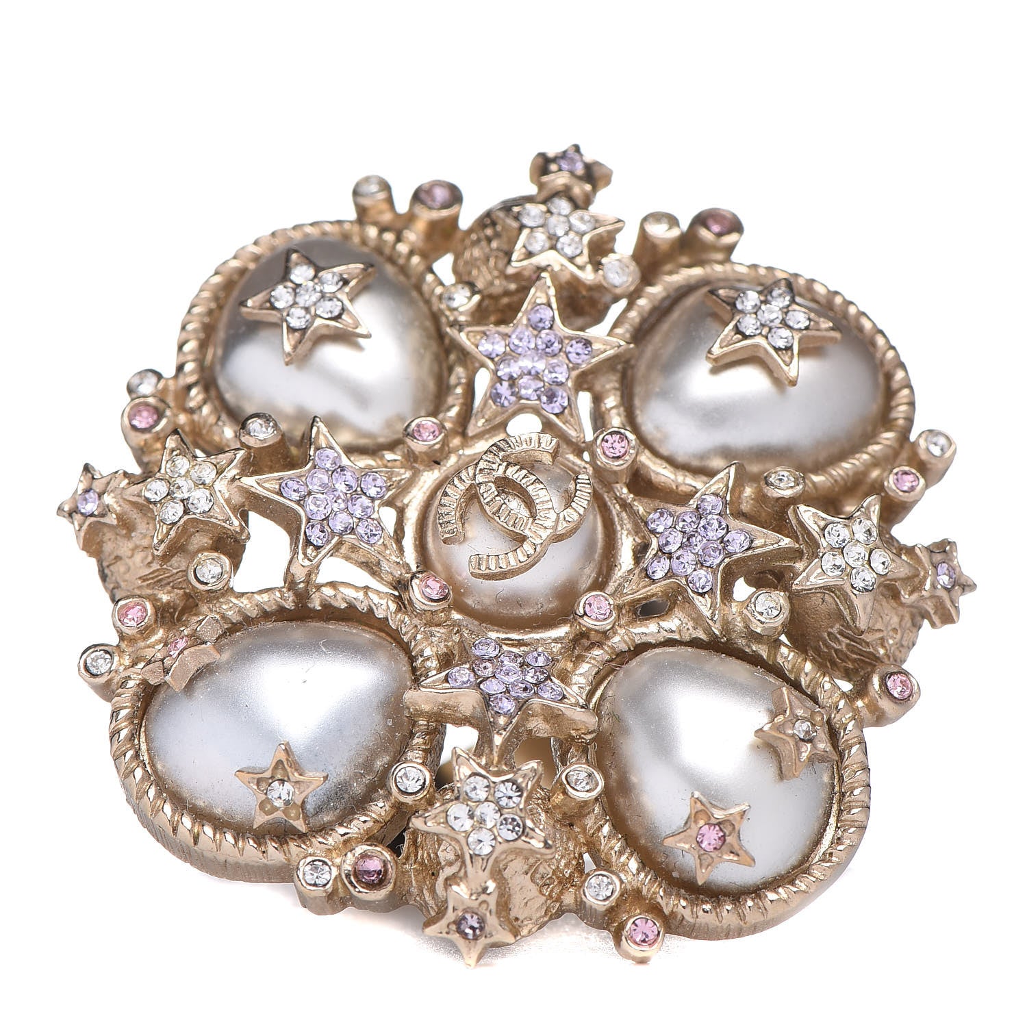 Chanel Crystal Pearl Stars CC Ring 7 Gold Pink 1 of 6