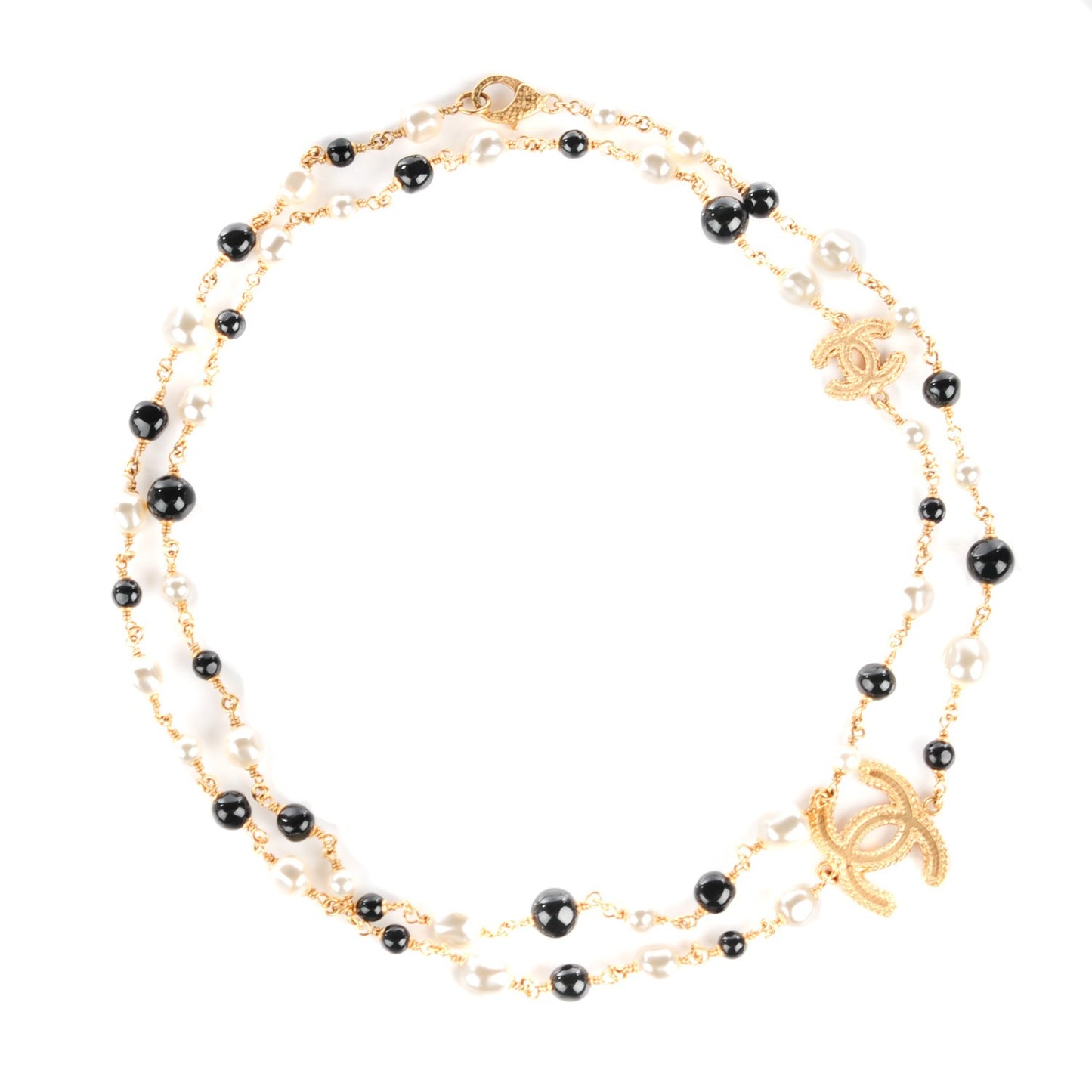 Pearl Beaded CC Long Necklace Gold