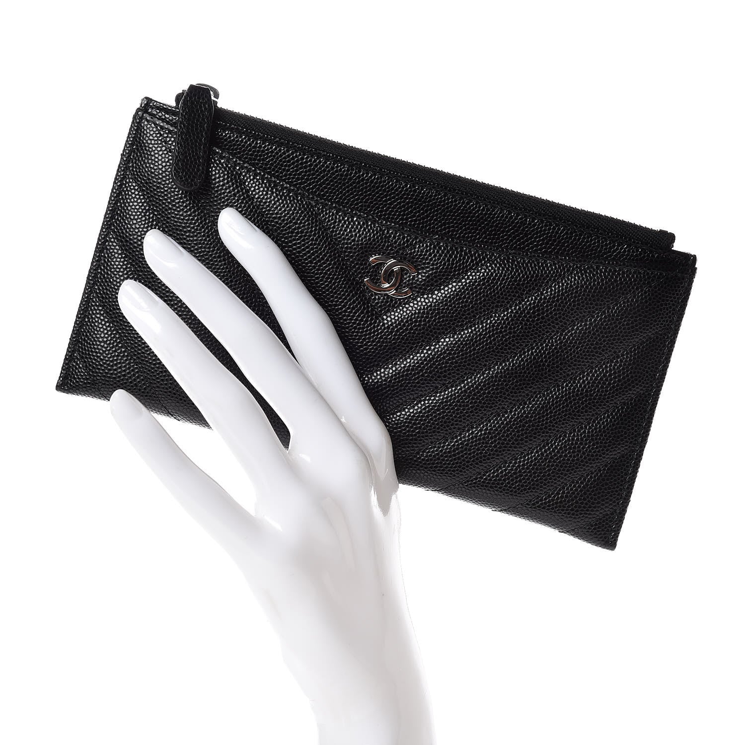 Chanel Caviar Chevron Quilted Zip Pouch Black 2 of 8