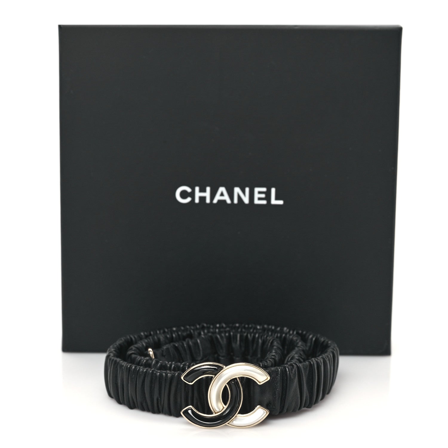 Chanel Lambskin Metal Ruched Chain CC Belt 80 32 Black White 4 of 5
