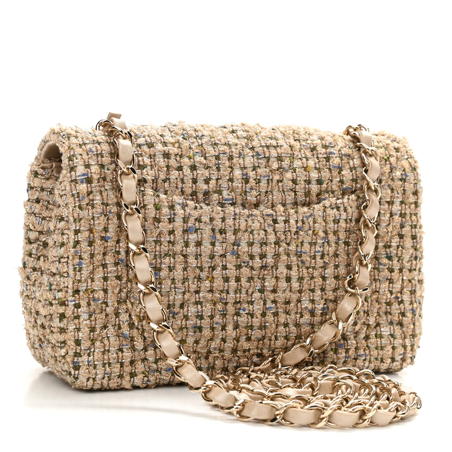 Tweed Quilted Mini Rectangular Flap Beige