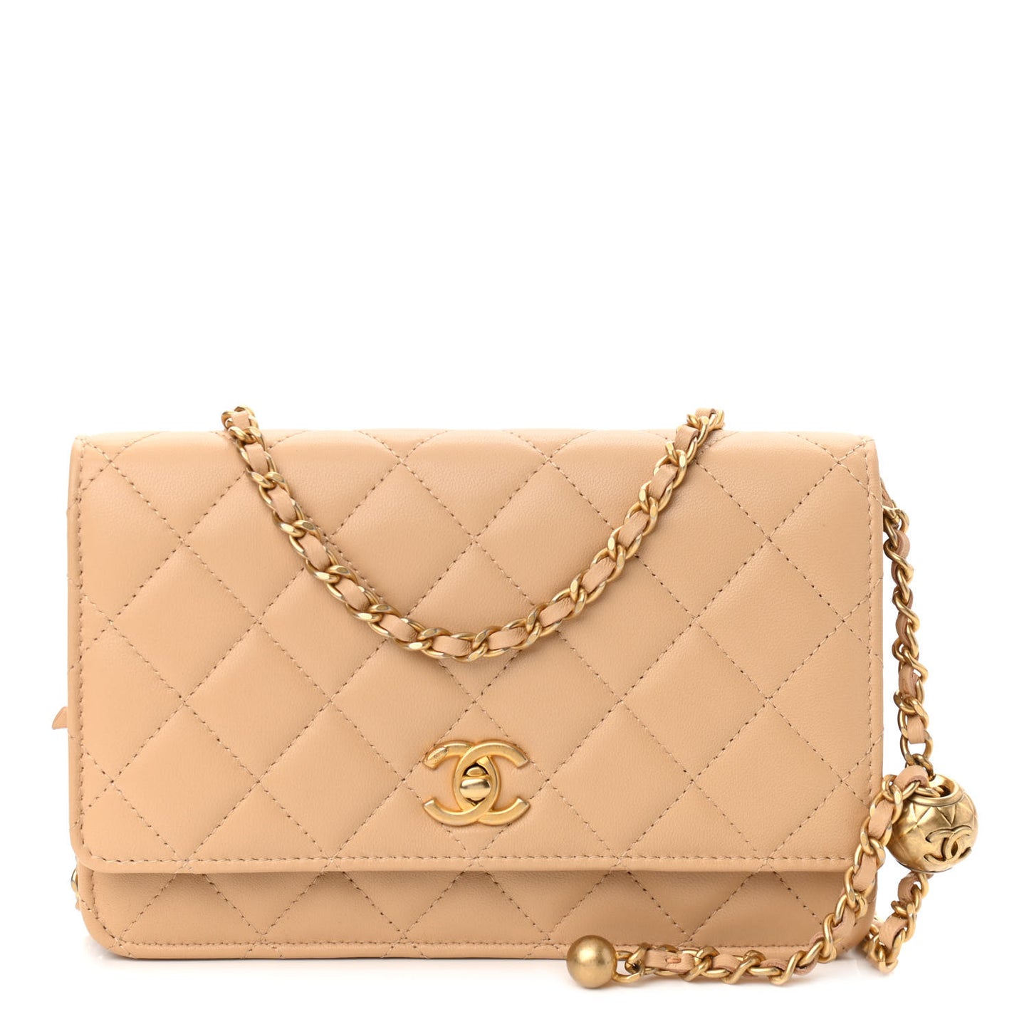 Lambskin Quilted CC Pearl Crush Wallet on Chain WOC Beige