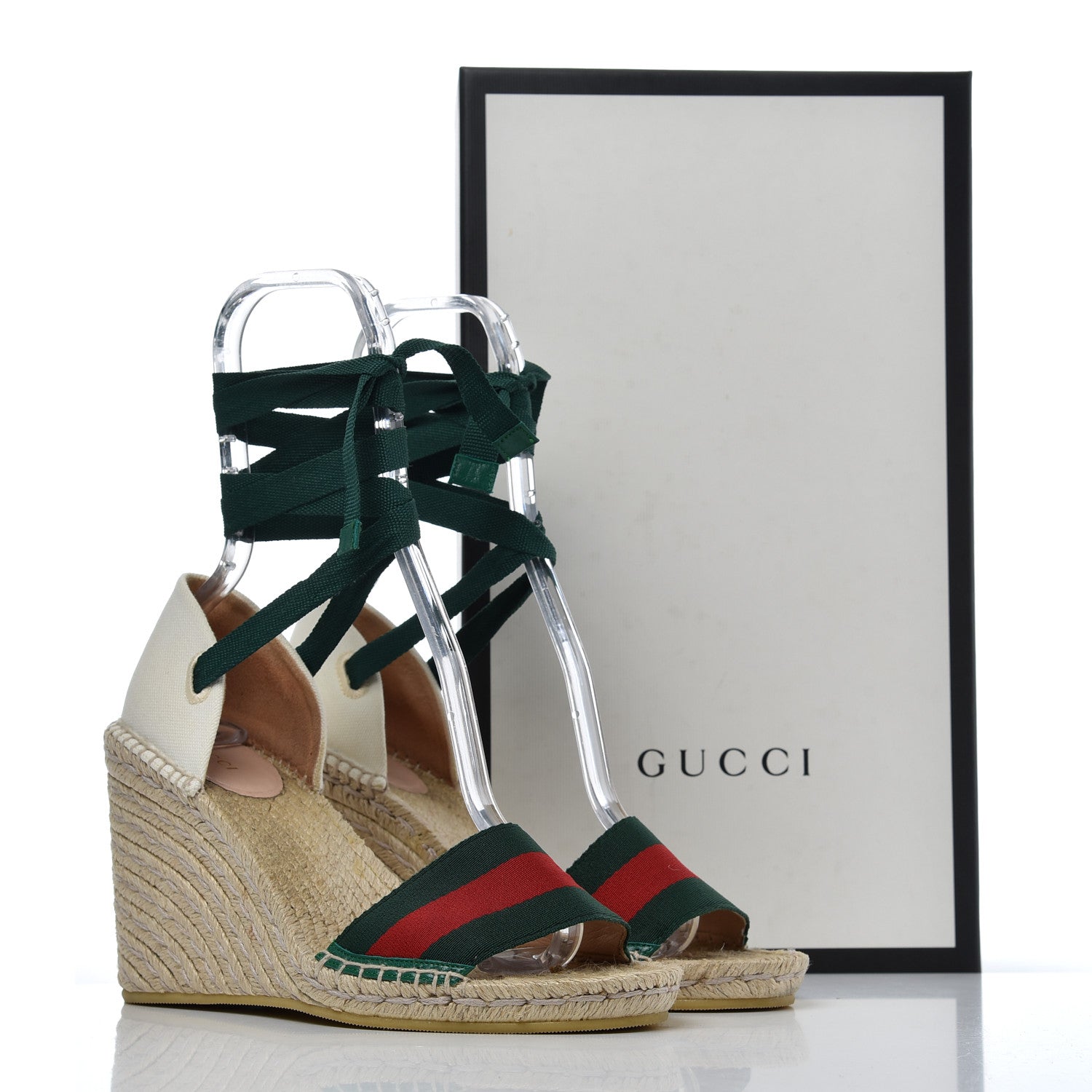 Gucci Canvas Malaga Kid Web Ankle Wrap Espadrille Wedge Sandals 40 Green Red Mystic White Emerald 19 of 19