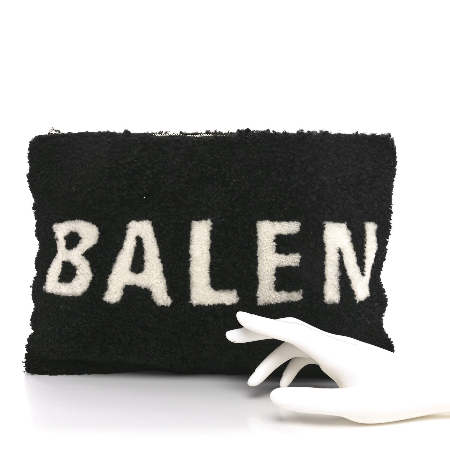 Balenciaga Sheepskin Shearling Contrasted Logo Large Zip Pouch Black 2 of 10