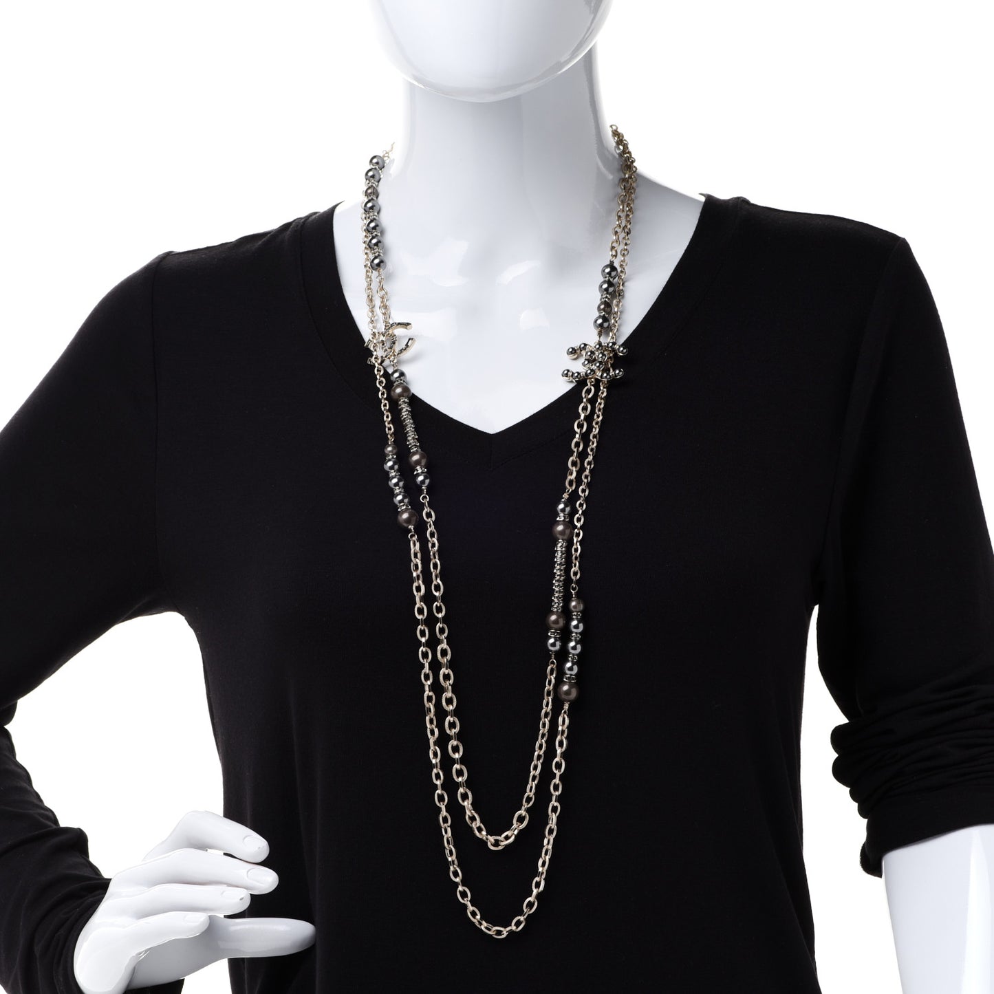Pearl Crystal Nefertiti CC Long Necklace Gold Grey