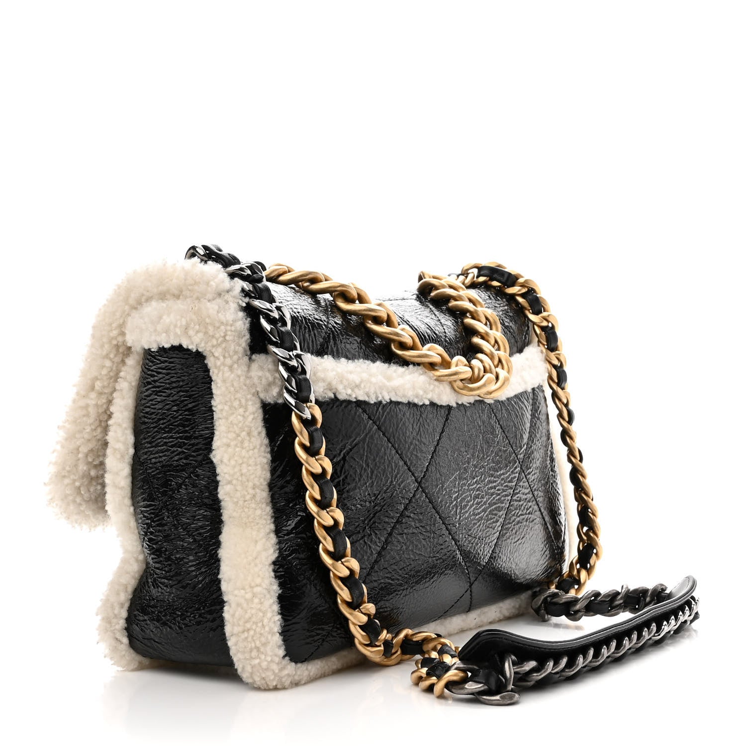 Chanel Crumpled Calfskin Shearling Sheepskin Quilted Large Chanel 19 Flap Black 3 of 10