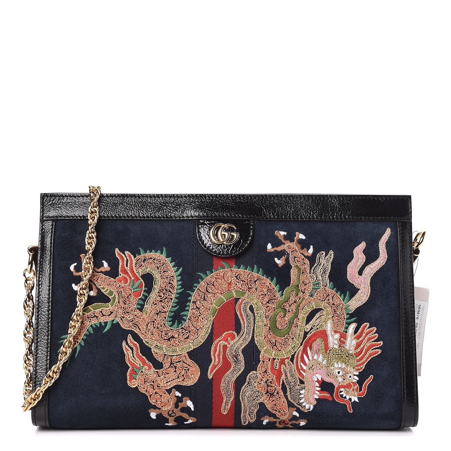 Gucci Suede Patent Web Dragon Embroidered Medium Ophidia Chain Shoulder Bag Blue Multicolor Black 1 of 14