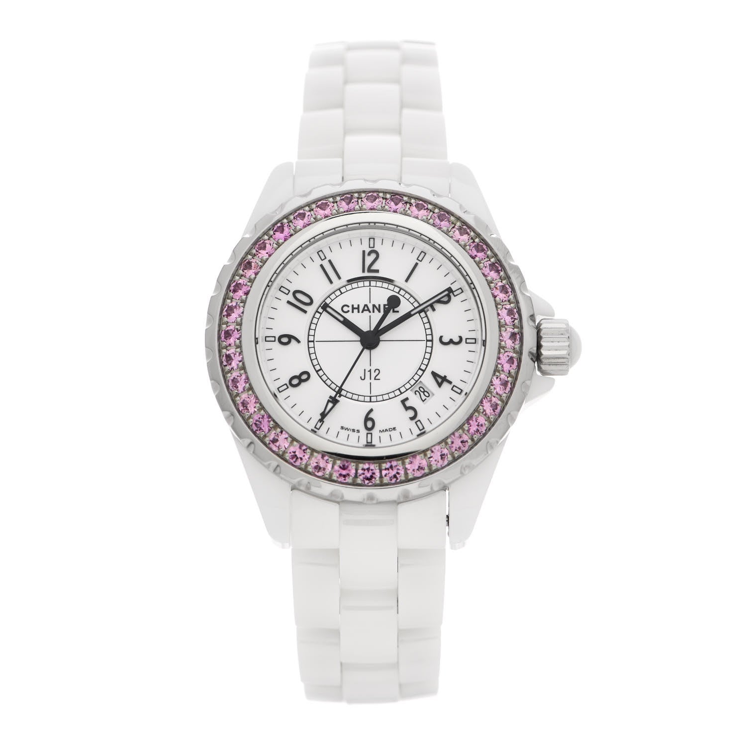 Chanel Stainless Steel Ceramic Pink Sapphire 33mm J12 Quartz Watch White 1 of 5