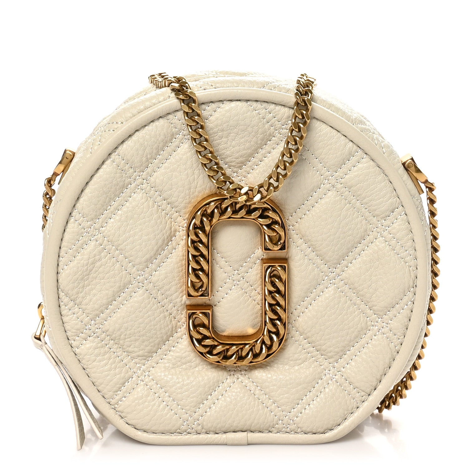 Marc Jacobs Grained Calfskin Quilted The Status Round Crossbody Oatmilk 1 of 11
