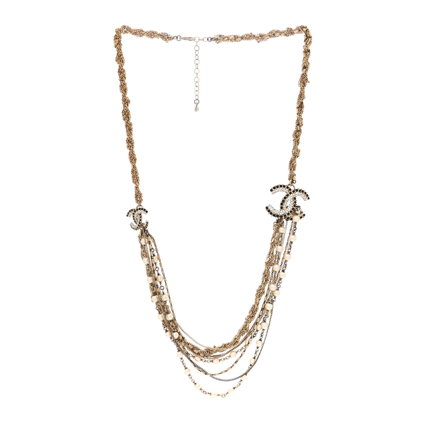 Pearl Crystal CC Braided Multi Strand Necklace Gold Black