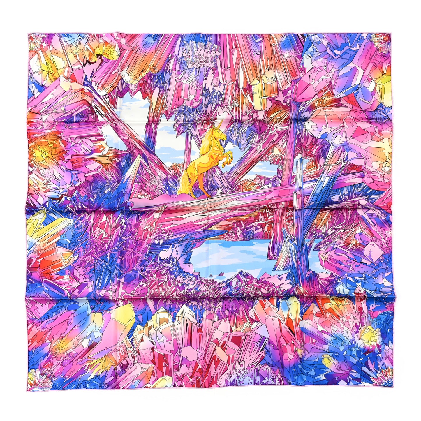 Silk Twill La Vallee De Cristal Scarf 90 Rose Bleu Jaune