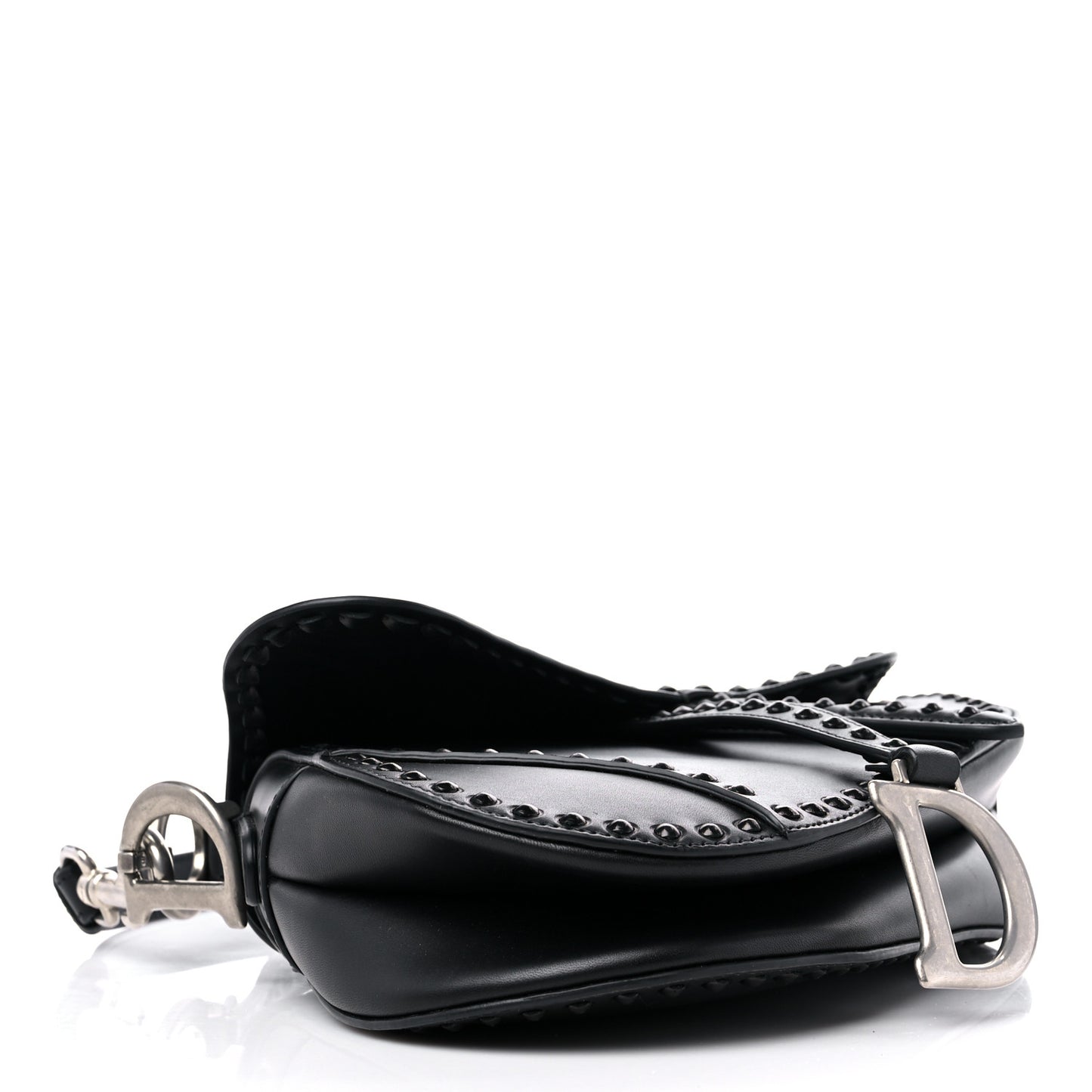 Calfskin Studded Saddle Bag With Strap Black